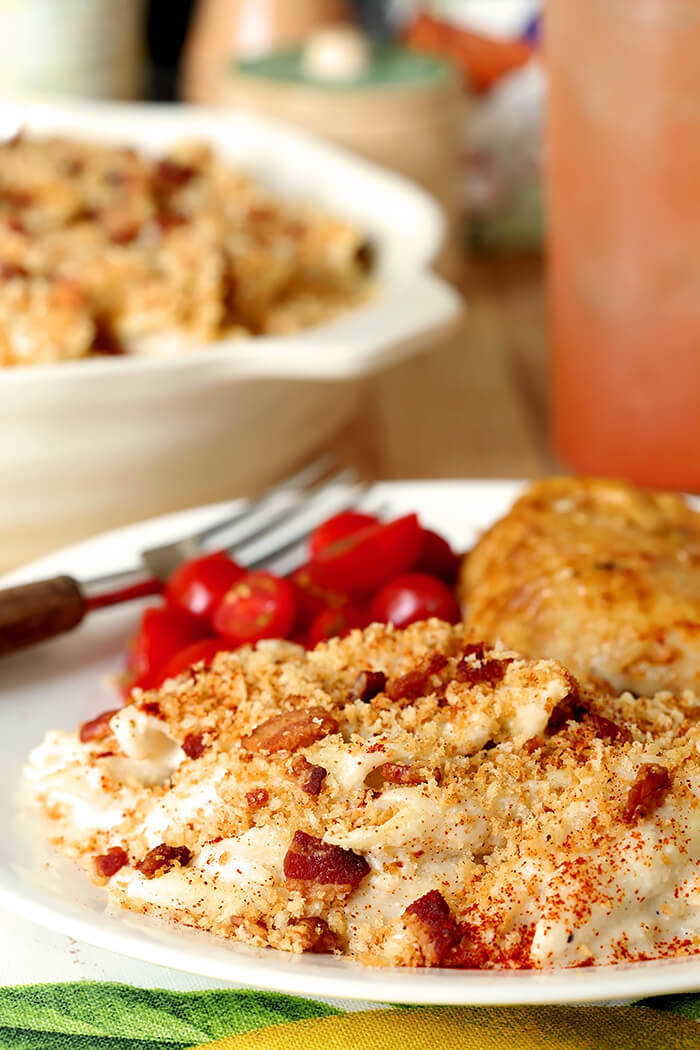 A Serving of this Macaroni and Cheese with Bacon has Four Cheeses!