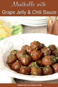 Grape Jelly and Chili Sauce Meatballs Served in a White Bowl with Parsley Garnish