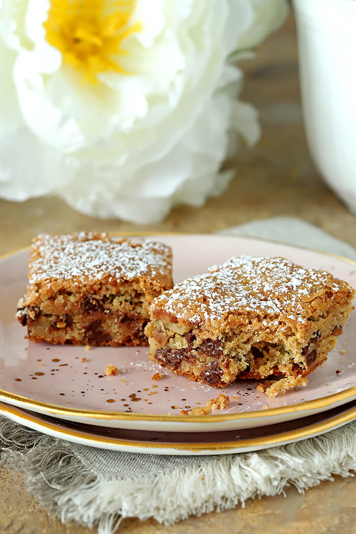 Chocolate Chip Blondies with Orange Zest on Pink Plate and Dusted with Powdered Sugar