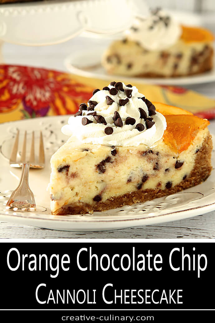 Slice of Orange Chocolate Chip Cannoli Cheesecake on a White Plate