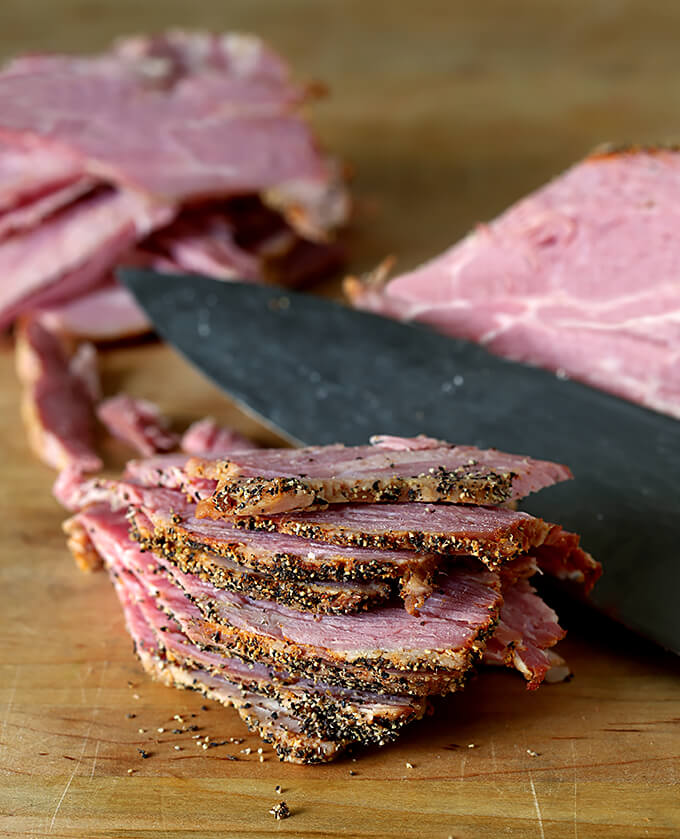 Homemade Pastrami Sliced Homemade Pastrami Sliced on Cutting Board