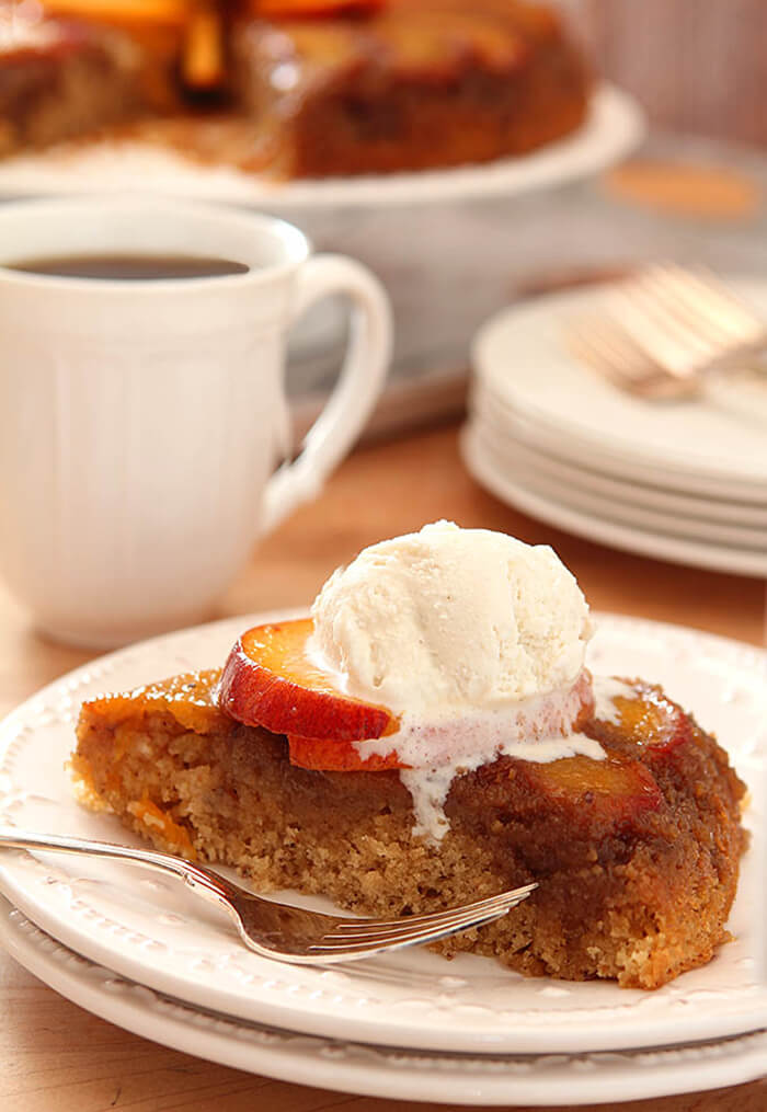 Fresh Peach Upside Down Cake with Vanilla Ice Cream