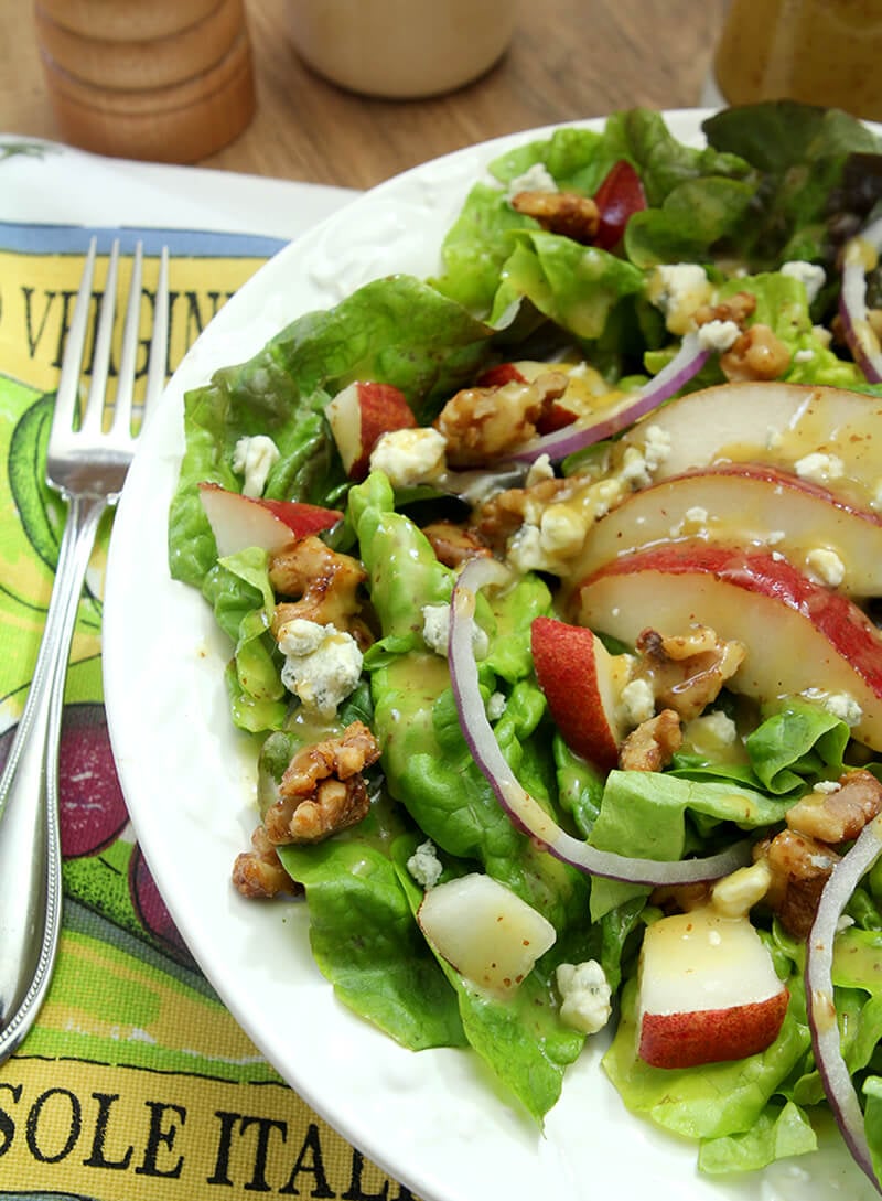 White Plate with Salad with Greens, Pear, Walnuts, and Gorgonzola Cheese
