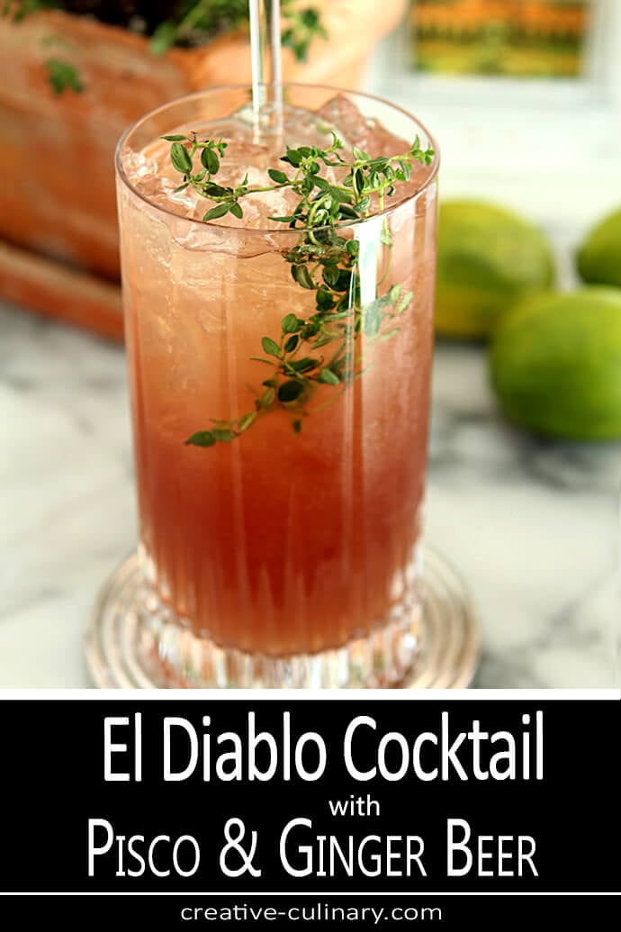 El Diablo Cocktail with Pisco and Ginger Beer in a Tall Glass with Thyme Garnish