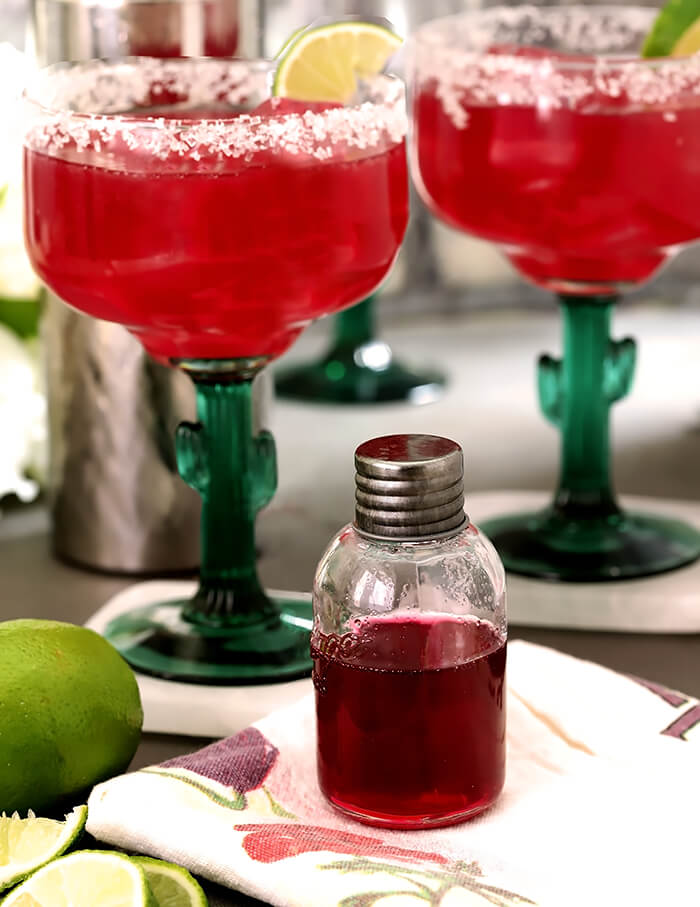 Prickly Pear Margaritas and a Bottle of Prickly Pear Syrup