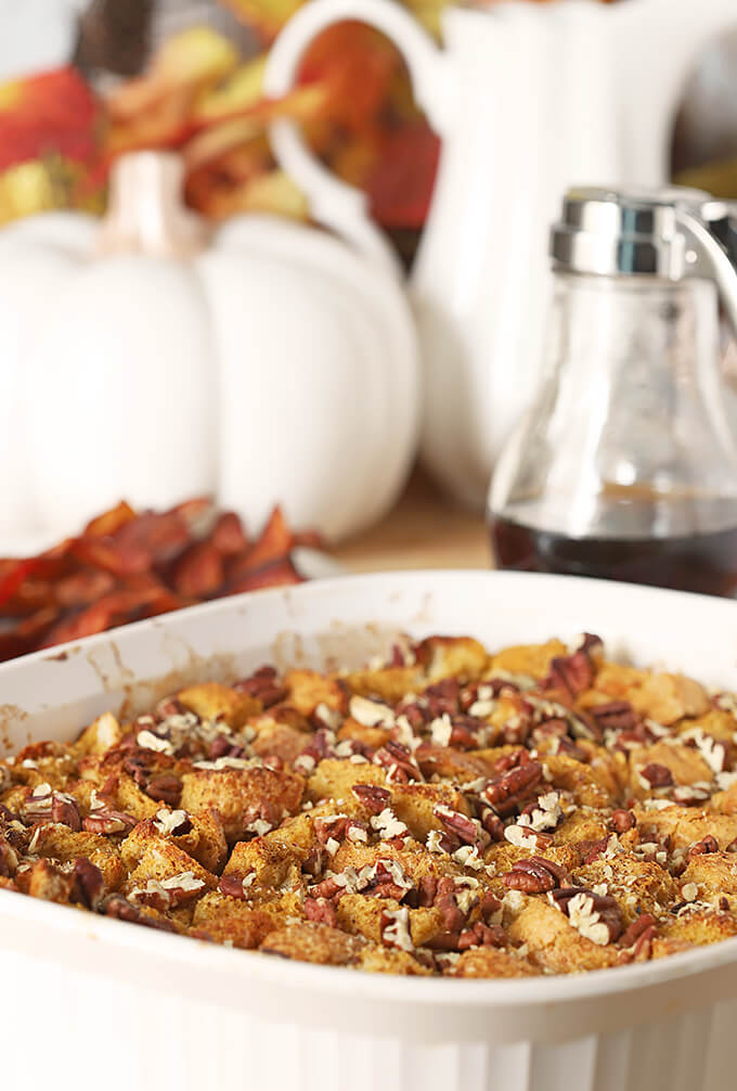 Pumpkin Pecan Overnight French Toast with Bourbon Pumpkin Pecan Overnight French Toast with Bourbon PIN in a White Ceramic Baking Dish