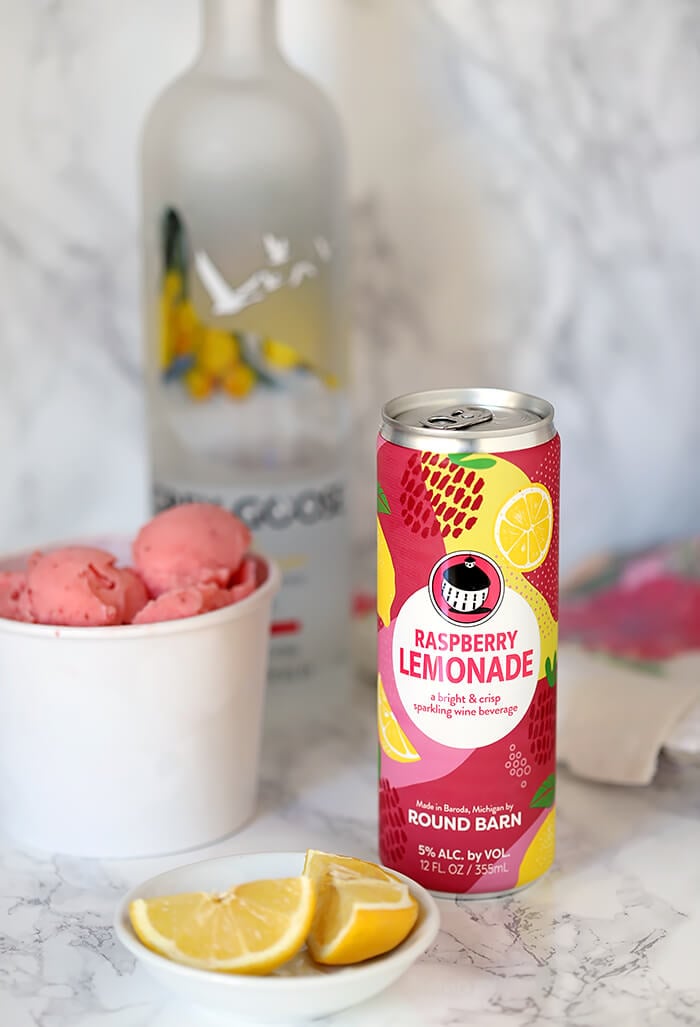 Products used to Make a Raspberry Lemonade Wine Cocktail with Sherbet Using Round Barn Product