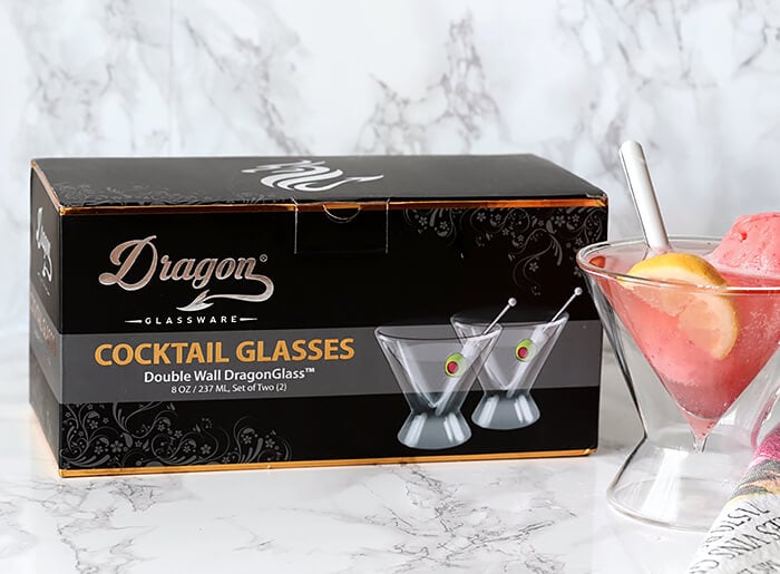 Raspberry Lemonade Wine with Sherbet Served in a Martini Glass and Garnished with Lemon in Dragon Cocktail Glasses