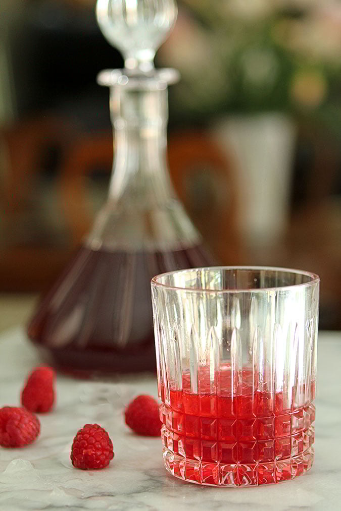 Homemade Raspberry Liqueur Homemade Raspberry Liqueur in a Crystal Glass