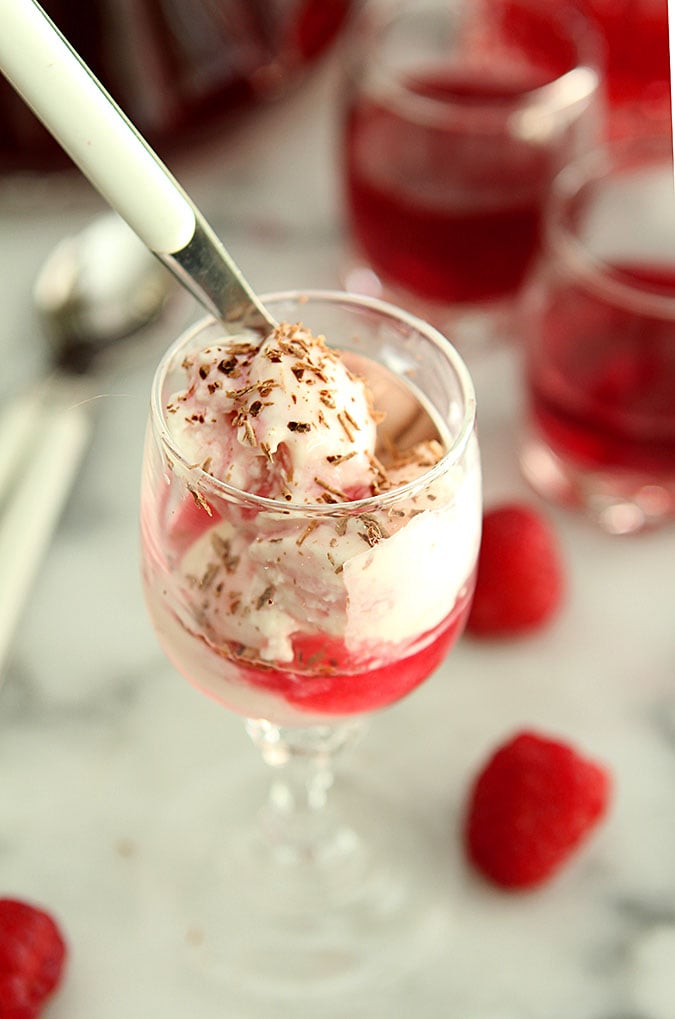 Homemade Raspberry Liqueur Mini After Dinner Sundae with Vanilla Ice Cream and Raspberry Liqueur