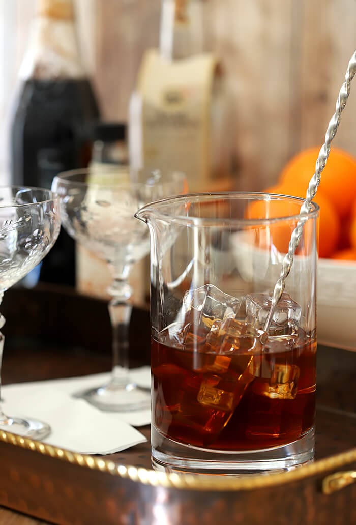 The Revolver Cocktail is not shaken, it's stirred in a cocktail mixer before pouring into glasses.