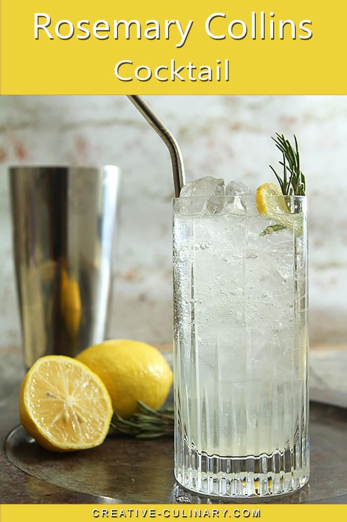 Rosemary Collins Cocktail Rosemary Collins Cocktail in Tall Glass with Lemon and Rosemary Garnish