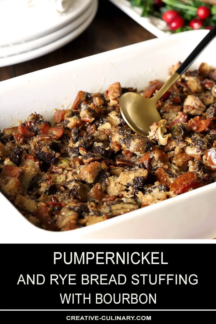 Pumpernickel and Rye Dressing with Pecans and Bourbon in a Rectangular White Serving Dish