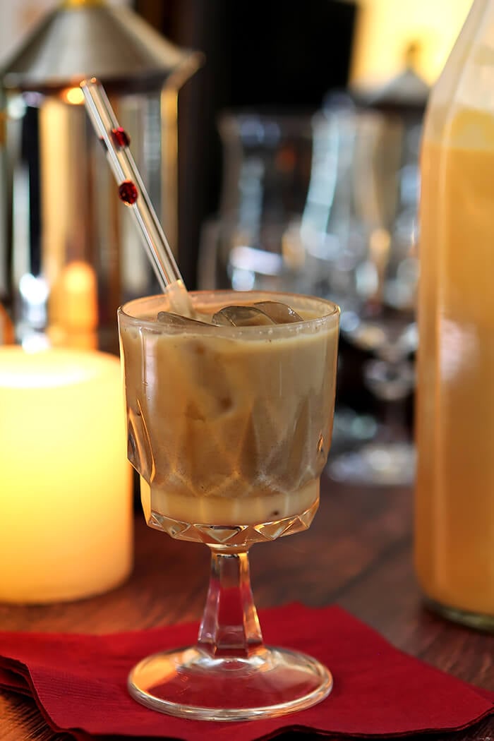 Salted Caramel Cream Liqueur in Liqueur Glasses with Espresso in a Cocktail Glass