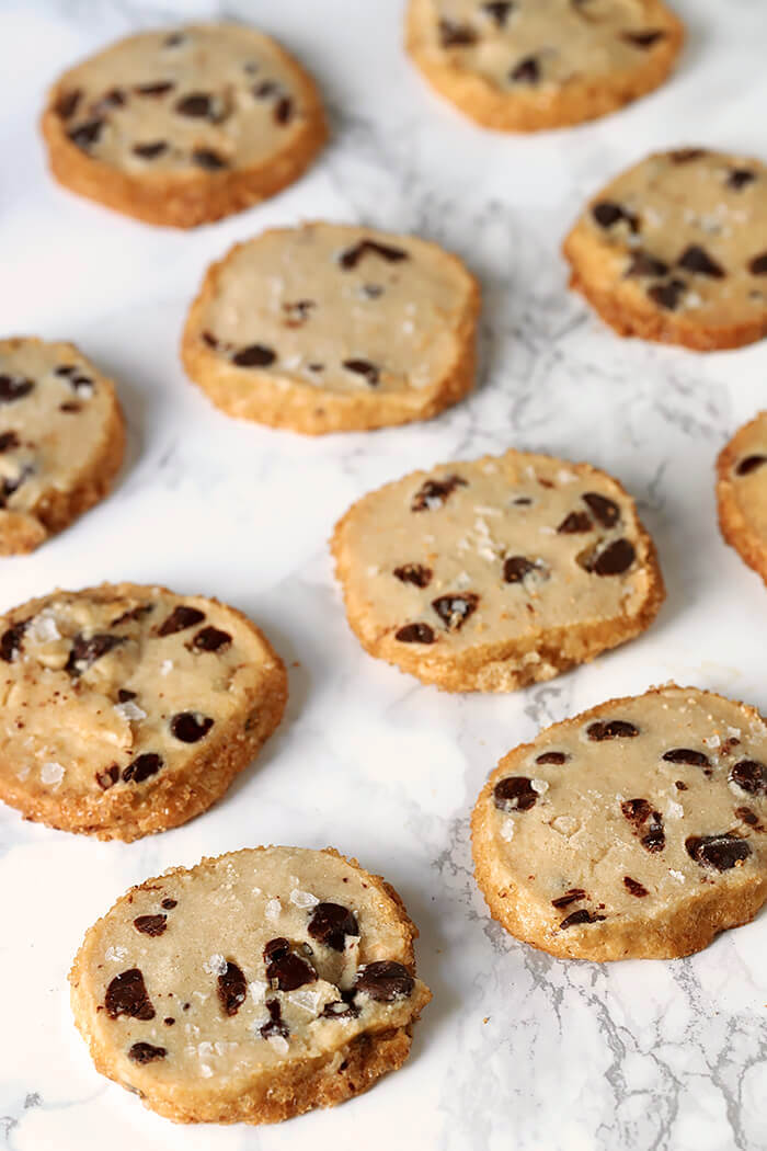 Salted Chocolate Chip Shortbread Cookies on a Marble Top Table