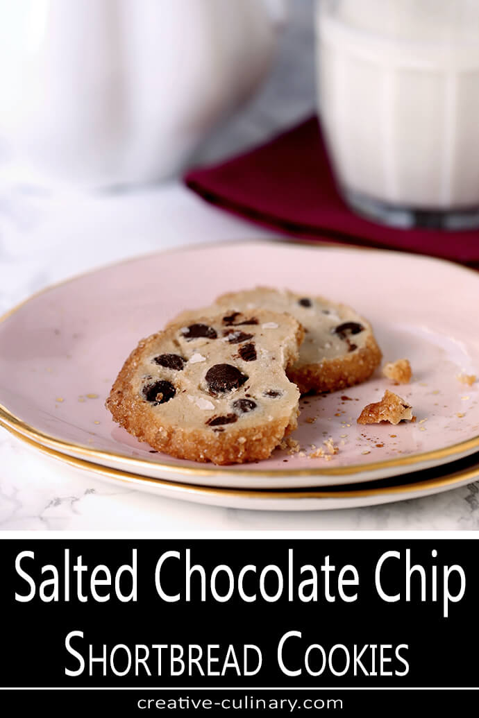 Salted Chocolate Chip Shortbread Cookies on Pink and Gold Pottery Plate PIN