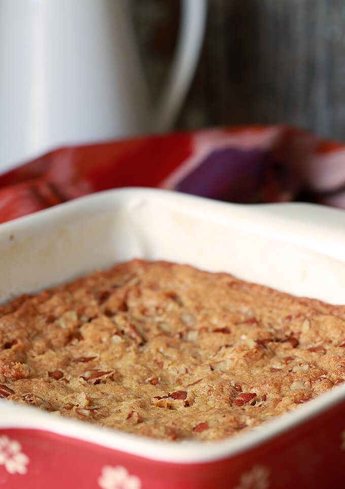 Southern Pecan Bread made in a red glass baking dish.
