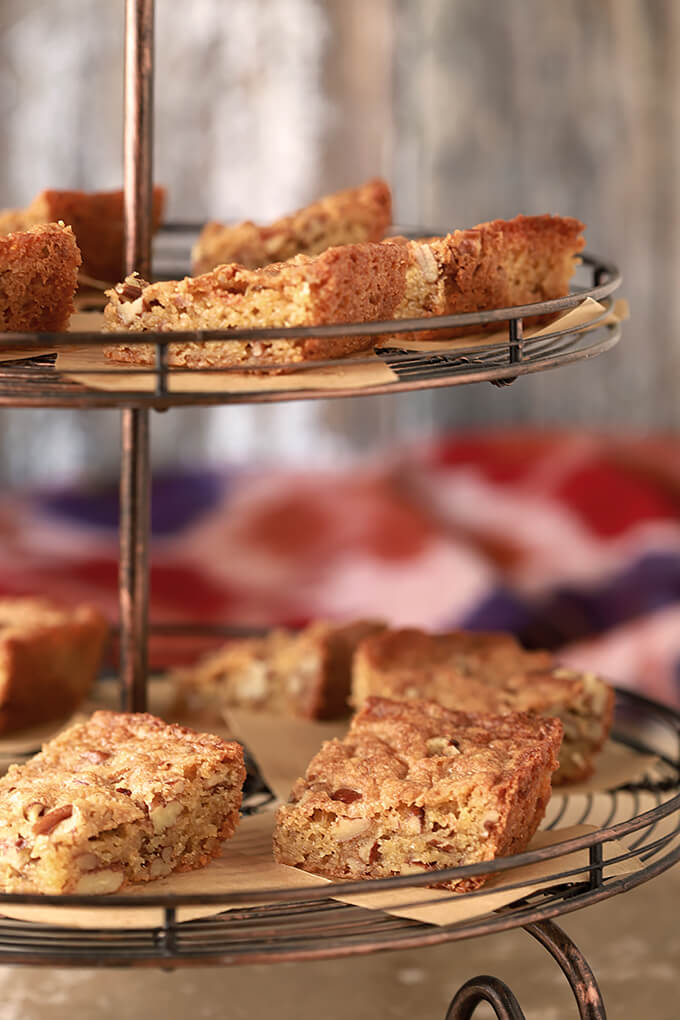 Southern Pecan Bread on a tiered serving dish.