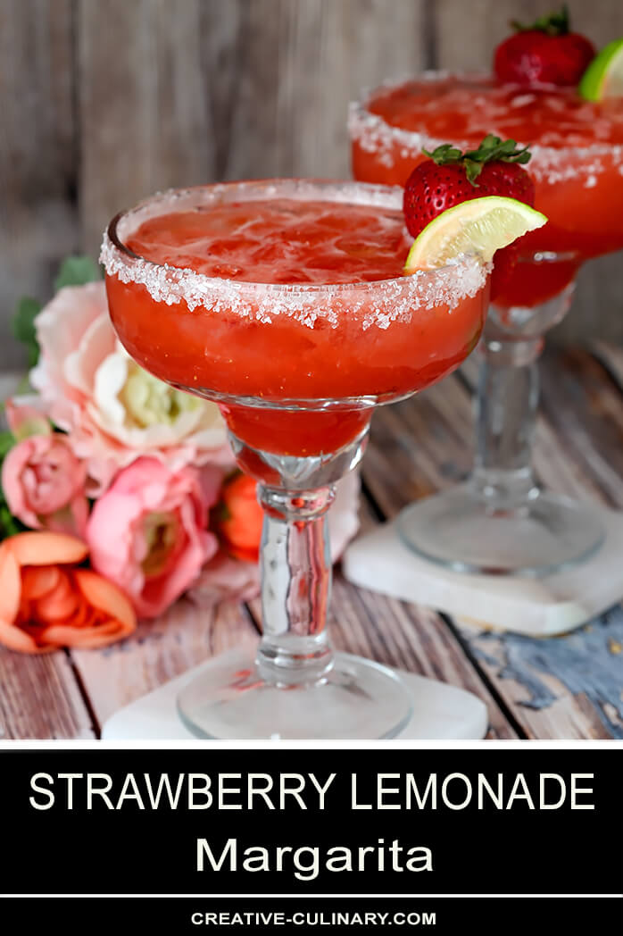 Strawberry Lemonade Margaritas Garnished with a Strawberry and Lime Wedge