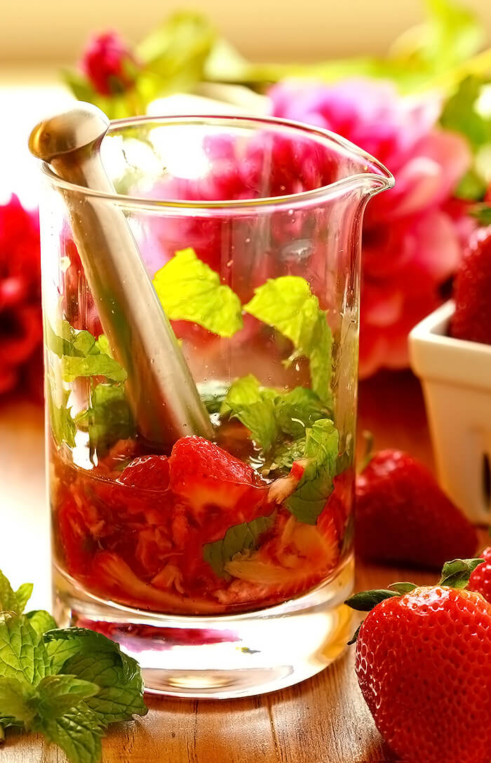 Strawberry Mint Julep Cocktail with Strawberries Mulled with Mint and Bourbon