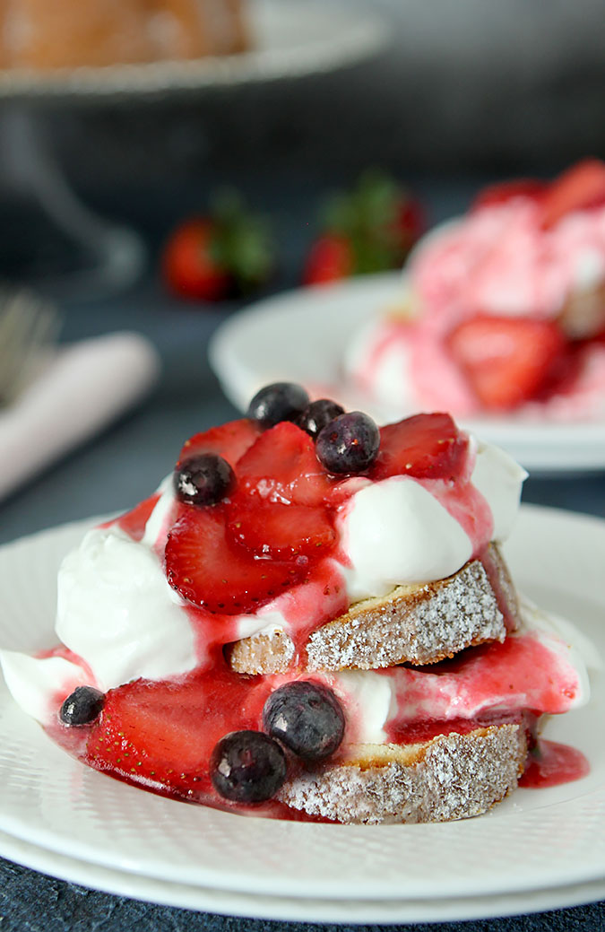 Red. White and Blue Shortcake with Strawberries, Blueberries and Lemon Pound Cake