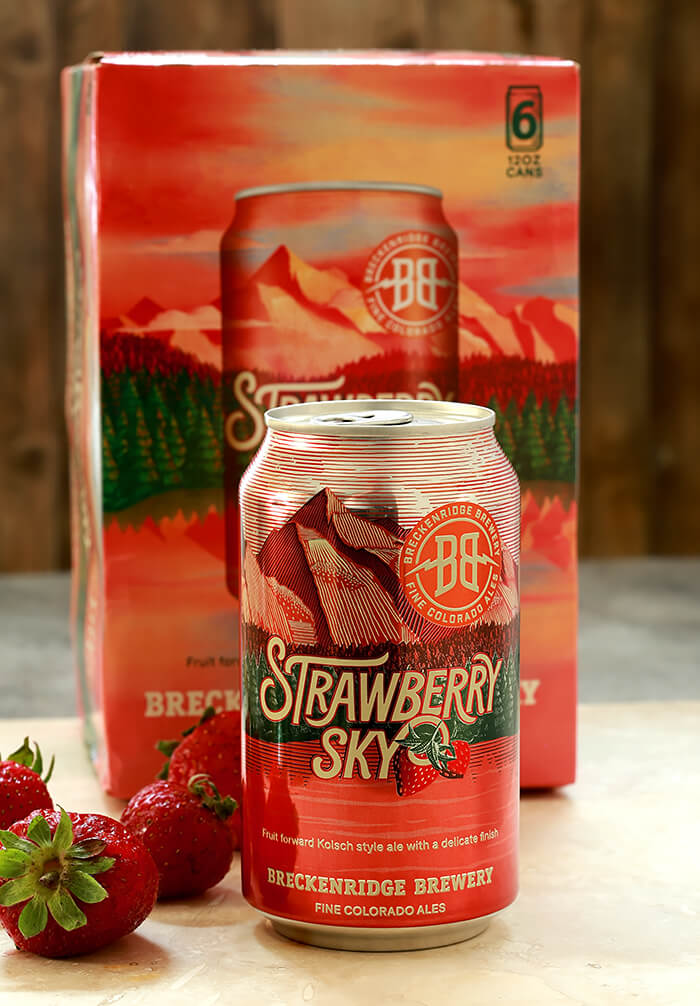 Strawberry Sky Beer Display with Can of Beer in Front of Six Pack Container