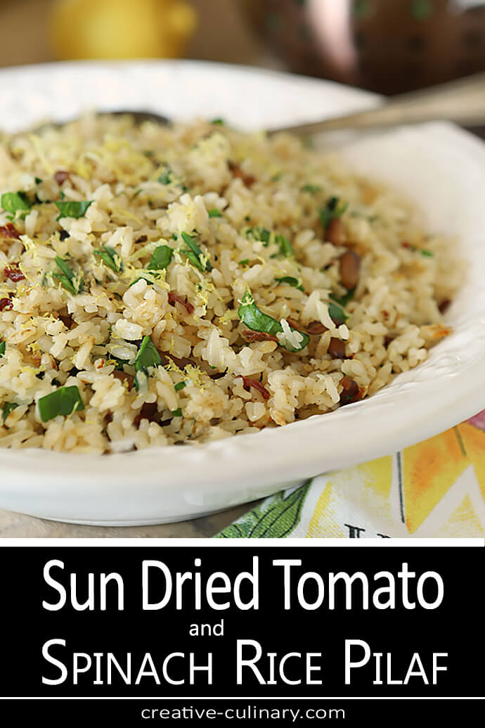 Sun-Dried Tomato and Spinach Rice Pilaf in a White Serving Bowl