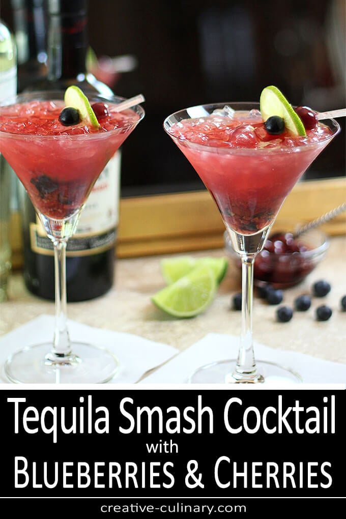 Tequila Smash Cocktail with Blueberries and Cherries PIN