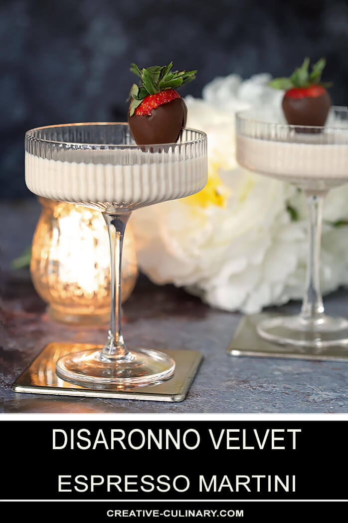 Disaronno Velvet Espresso Martini Cocktail Velvet White Espresso Martini Cocktail Garnished with Chocolate Covered Strawberry