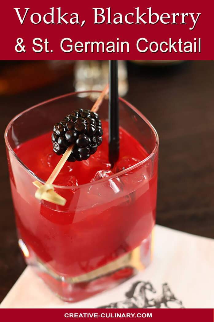 Tart and Red, this cocktail includes vodka, blackberries, and St. Germain liqueur.