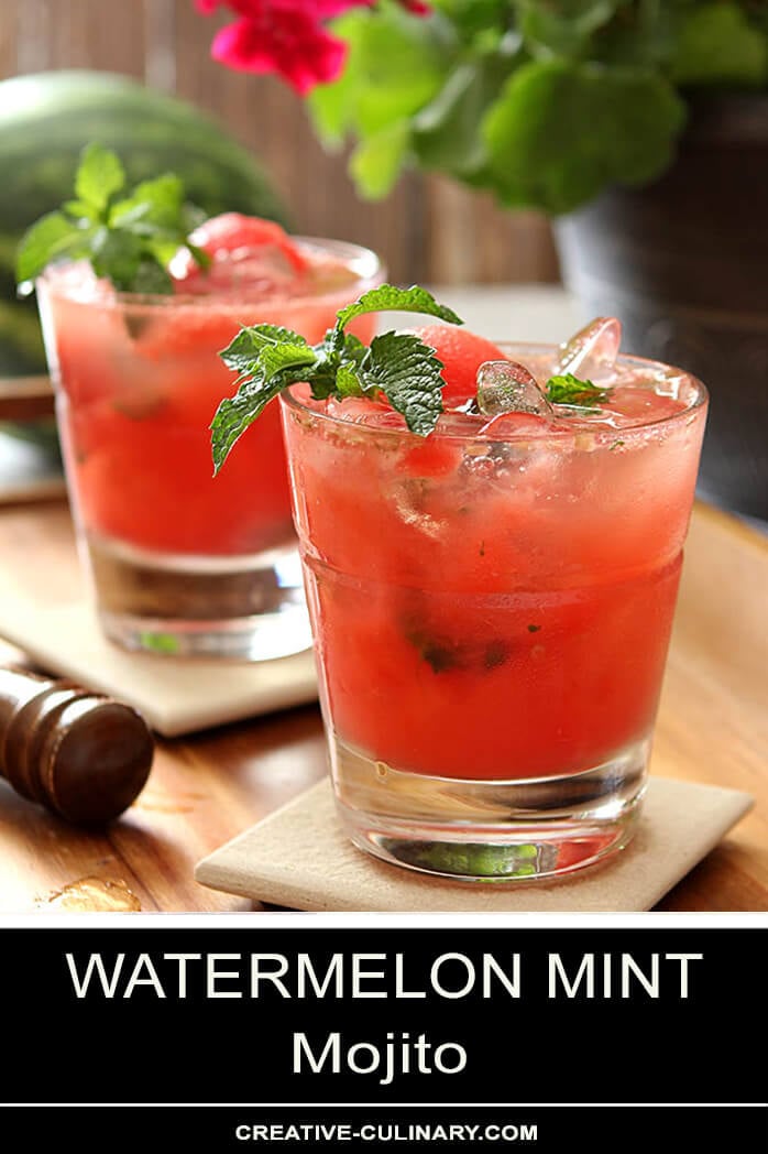 Watermelon Mint Mojito Cocktail in a Lowball Glass and Garnished with Fresh Mint